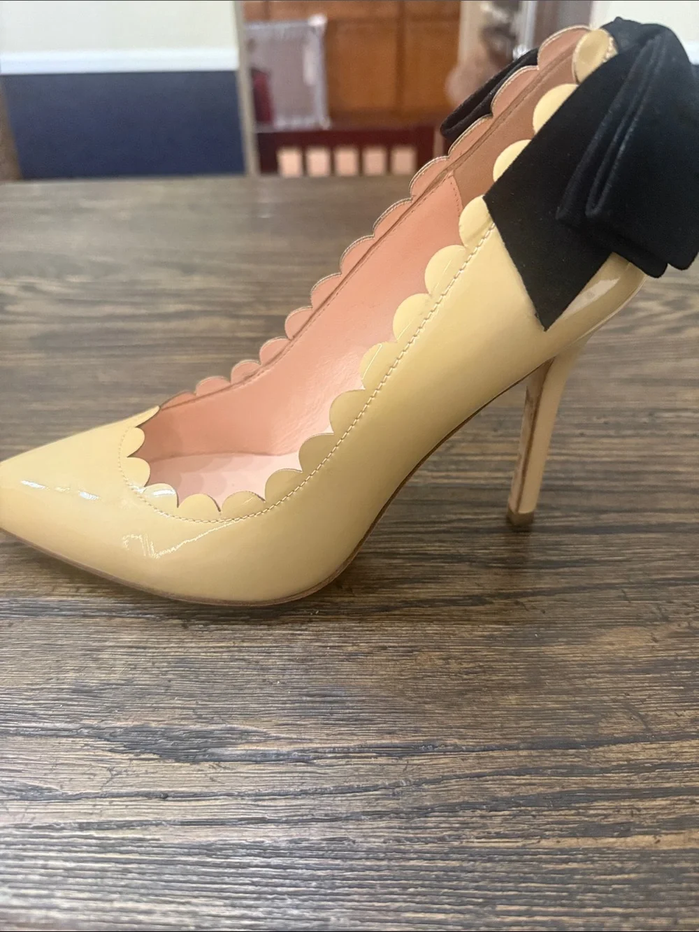 kate spade Yellow Patent Leather Pointed Toe Pumps with Black Bow Accent